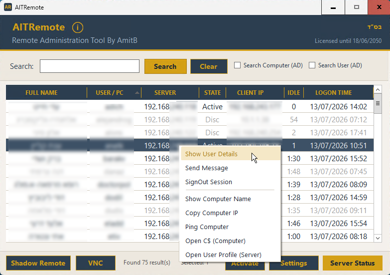Right-click context menu
