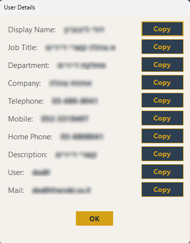 User Details popup
